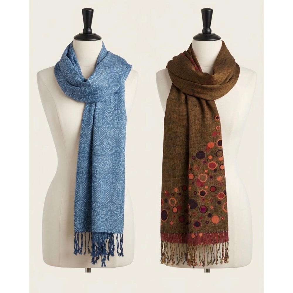 Lot of 2 Paisley Geometric Fringe Wrap Scarves Blue Brown Boho Pashmina Style